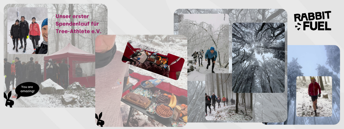 Collage vom ersten Spendenlauf für Tree-Athlete e.V. mit Bildern von Läufern im Schnee, einer Verpflegungsstation mit Snacks und Teilnehmern in winterlicher Kulisse.